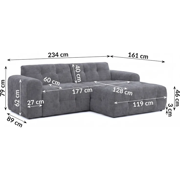 luma-home Modernes Ecksofa mit Ottomane rechts, mit markanten Steppungen, Chenille in Grau, 234 x 161 x 79cm – Bild 8