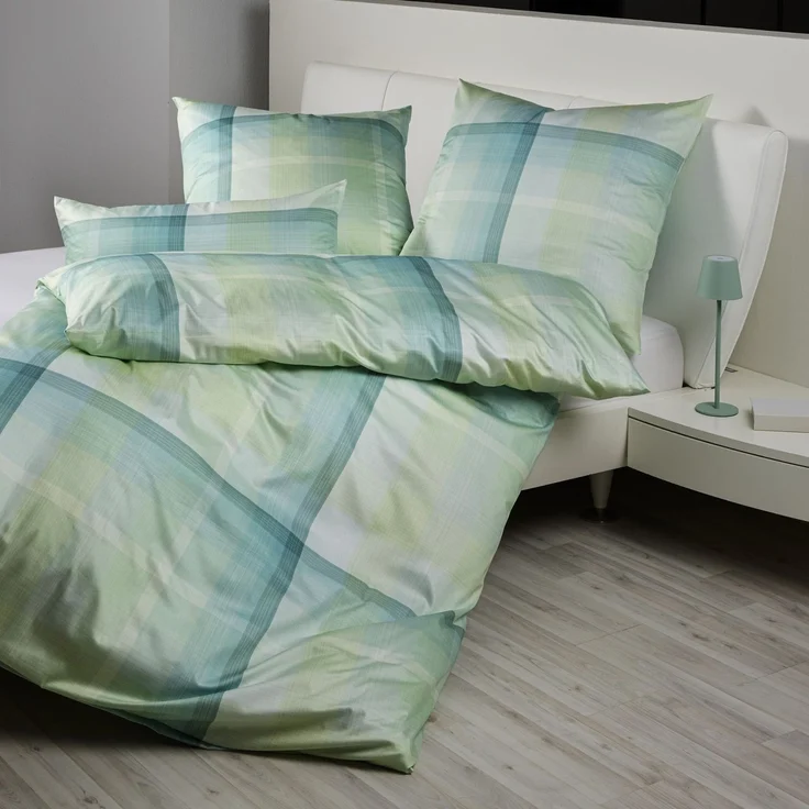 Janine Mako Satin Bettwäsche Milano 45112-06 grün kariert 135x200 – Bild 1