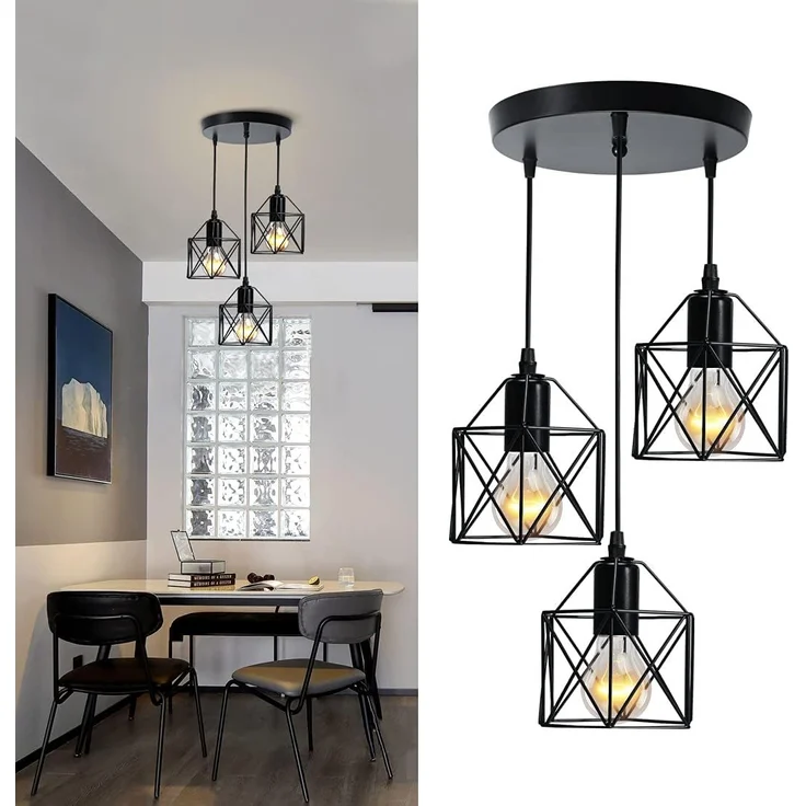 EMKE Pendellampe Vintage 3 flammige Retro Hängelampe Deckenleuchter Metallschirm E27 Schwarz, geeignet für Wohnzimmer, Esszimmer und Schlafzimmer