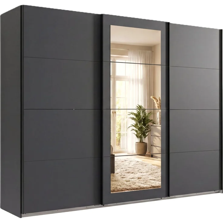 Schwebetürenschrank 3-trg Kleiderschrank 270 cm in Grafit Spiegel Griffe schwarz – Bild 1