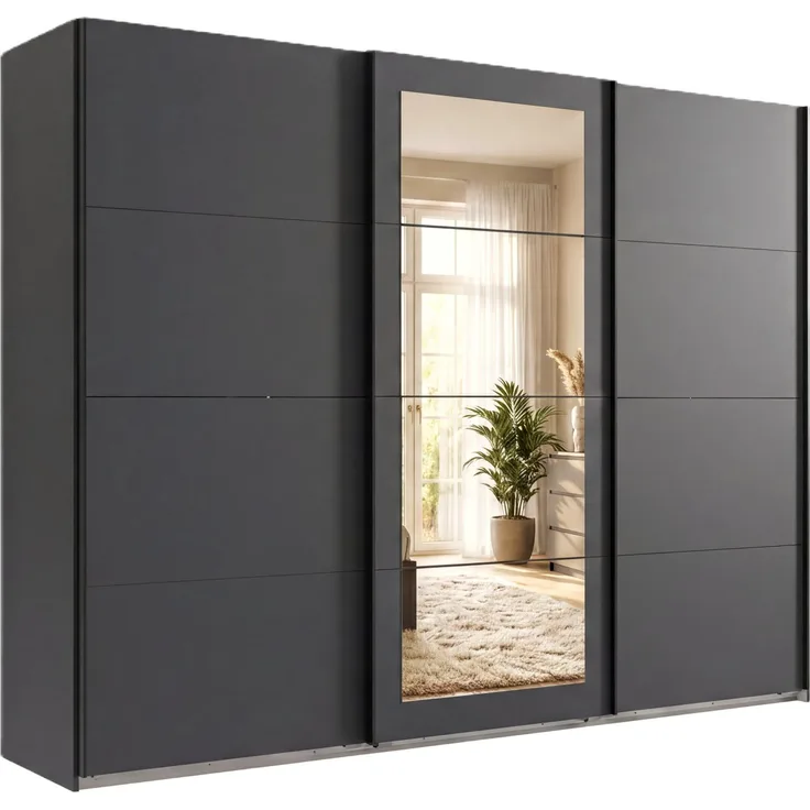 Schwebetürenschrank 3-trg Kleiderschrank 270 cm in Grafit Spiegel Griffe schwarz
