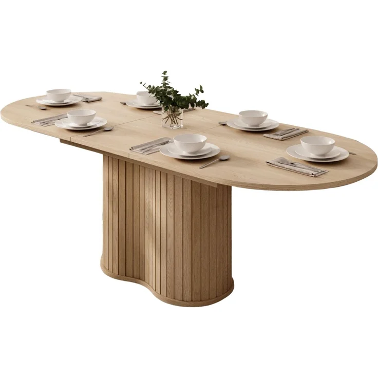 Compleo Esstisch Eiche cremona, kegelförmige Basis, Design-Rundtisch mit Lamellen (Oval), ausziehbar 180-220 cm – Bild 5