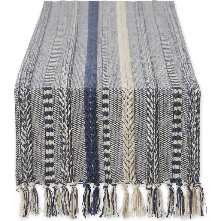 DII Farmhouse Tischläufer-Kollektion, geflochten, gestreift, 38,1x274,4 cm (15x113, Fransen im Lieferumfang enthalten), French Blue