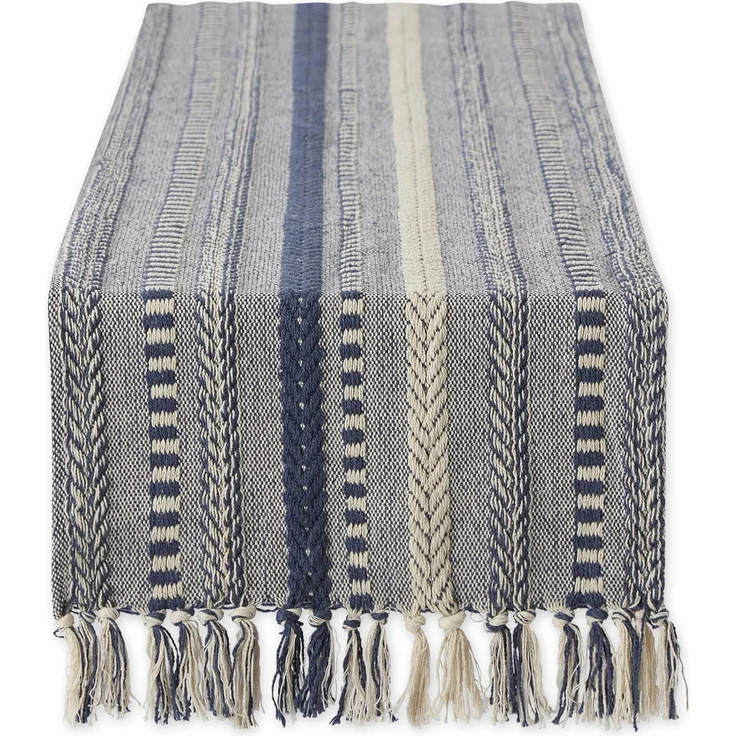 DII Farmhouse Tischläufer-Kollektion, geflochten, gestreift, 38,1x274,4 cm (15x113, Fransen im Lieferumfang enthalten), French Blue