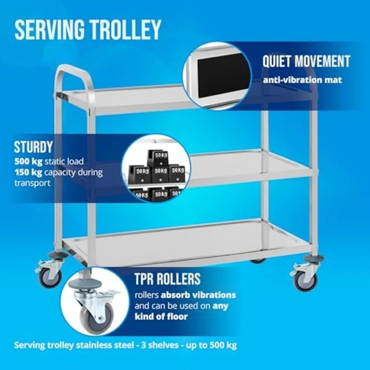Royal Catering Servierwagen 3 Borde Edelstahl Teewagen Küchenwagen Gastro Servierhilfe 4 Räder – Bild 2