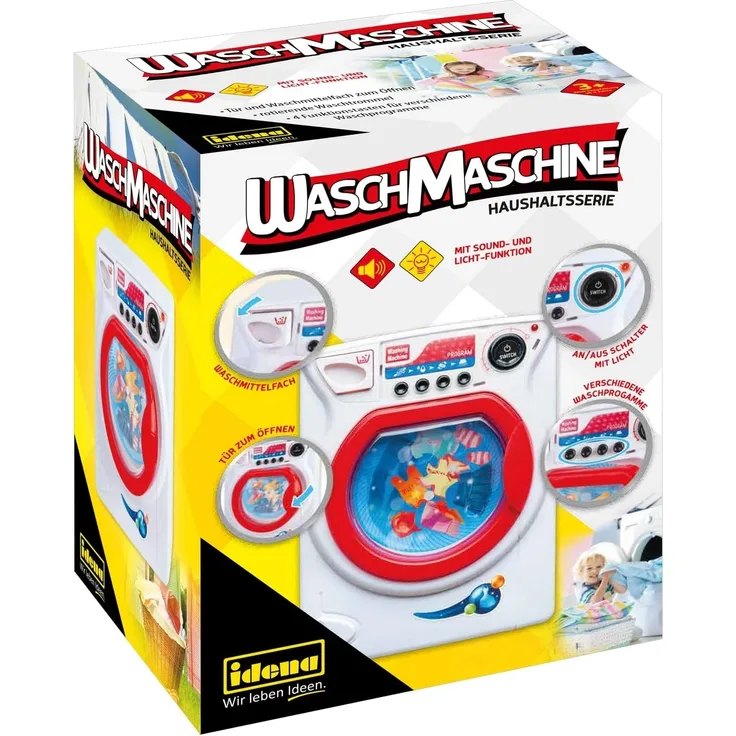 Idena 40469 - Waschmaschine für Kinder mit Licht- und Tonfunktion, Frontlader mit 4 Programmen und rotierender Waschtrommel, Spielzeug zum Erlernen praktischer Fertigkeiten