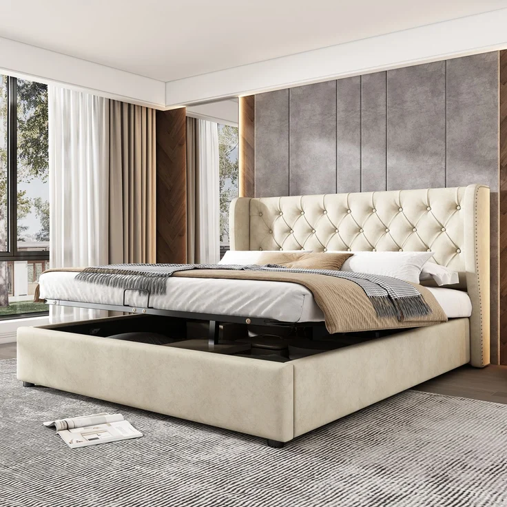 Polsterbett Ohrenform Samtstoff Große Knopfnähte Doppelbett 160*200, Hydraulisches Funktionsbett mit Lattenrost und Stauraum, Bettkasten mit schmutzabweisendem Samtstoff bezogen, beige – Bild 16