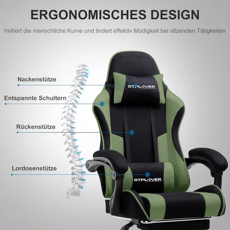 GTPLAYER Bürostuhl Gaming Stuhl Stoff Gaming Sessel Ergonomischer Gamer Stuhl mit Fußstütze, Kopfstütze Lendenkissen, Gepolstert Gaming Chair, Drehsessel – Bild 2