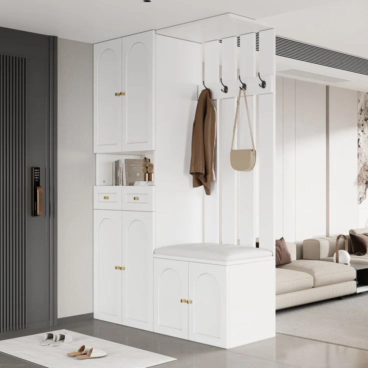 Flurbank Schuhschrank mit Haken und 2 Schubladen Flurmöbel Aufbewahrung Weiß Modern Eingangsbereich – Bild 1
