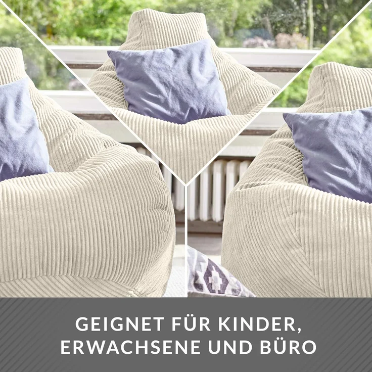 Green Bean® Sitzsack mit Rückenlehne 80x80x90cm - Gaming Chair mit 230L Füllung Cordstoff - Bean Bag Bodenkissen Lounge Sitzhocker Relax-Sessel Gamer Gamingstuhl Beige – Bild 4