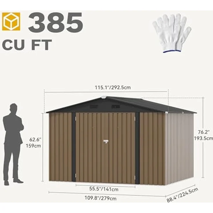 DWVO Großes Metall Gerätehaus 3x2,4 m, Stabiler Werkzeugschuppen für Garten, Terrasse & Hof, Ideal für Fahrräder, Gartengeräte & Rasenmäher, Wetterfest & Abschließbar, Braun – Bild 5