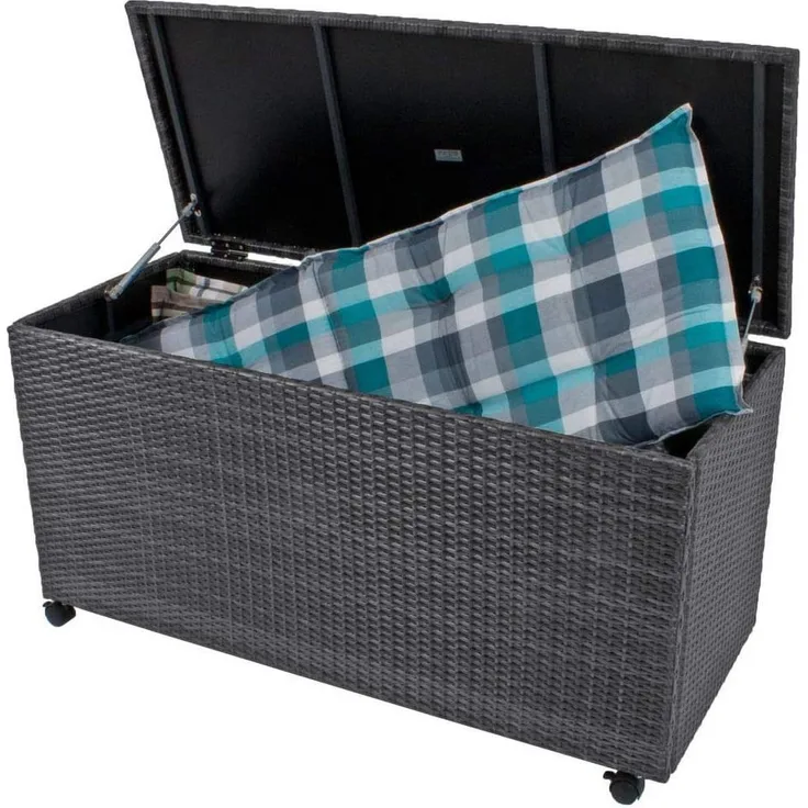 Gartenwelt Riegelsberger Gartenbox MIRANO, Rattan-Auflagenbox in Grau mit Gasdruckfedern, 120 x 50 x 62,5 cm, hohe Wetterbeständigkeit und Feuchtigkeitsschutz