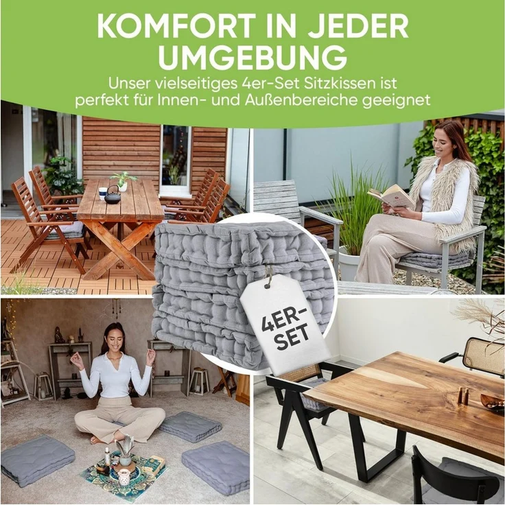 Gräfenstayn Sitzkissen 4er Set 40x40 cm mit 8 cm Polsterung aus 100 % Baumwolle -, robustes Sitzkissen für Indoor & Outdoor, bequemes Bodenkissen – Bild 3