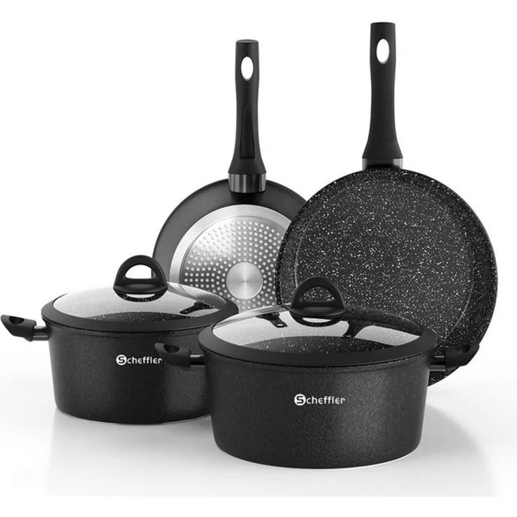Scheffler Topf-Set Induktions Töpfe Set Schwarze Antihaftbeschichtung mit Glasdeckel, Aluminium (Set, 4-tlg, Ø24 4,4L/Ø28 6,5L Töpfe,24 5,8cm/28 6,8cm Pfanne), Induktionsgeeignet – Bild 4