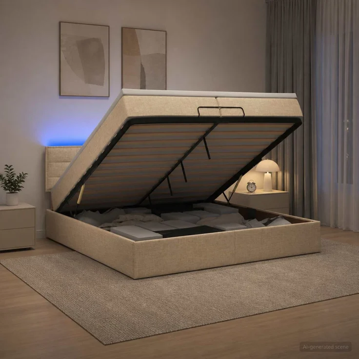 vidaXL Ottoman-Bett mit Matratze und LED Creme 200 x 200 cm Stoff 3456855 – Bild 1