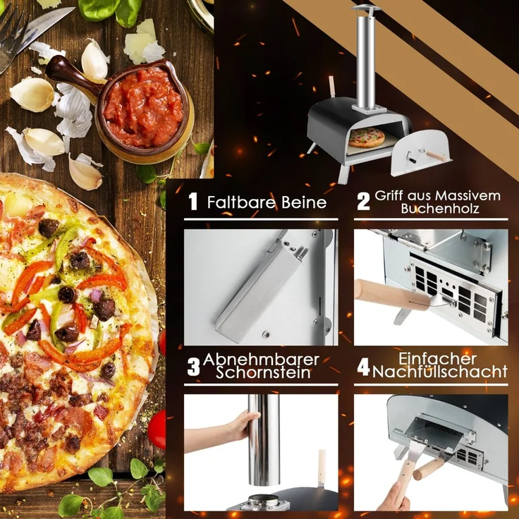 Tragbarer Outdoor-Pizzaofen Holzbefeuerter Hinterhof-Pizzamaker Silber + Schwarz – Bild 4