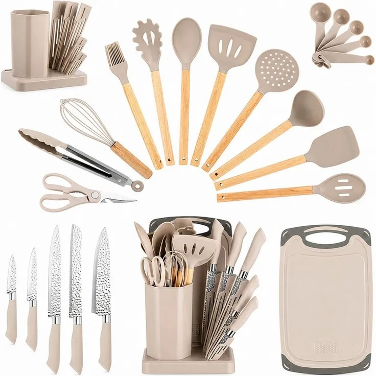 Diyarts Kochbesteck-Set (für beschichtete Pfannen, inklusive Kochmesser, Beige 23-teilig, Grün, Weiß und Schwarz je 20-teilig), Schonende Silikon-Küchenhelfer mit Holzgriffen & Messer im Set