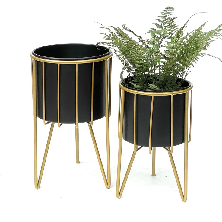 DanDiBo Blumenhocker mit Topf Metall Gold Schwarz Rund 2er Set Blumenständer 96039 Blumensäule Modern Pflanzenständer Pflanzenhocker – Bild 3