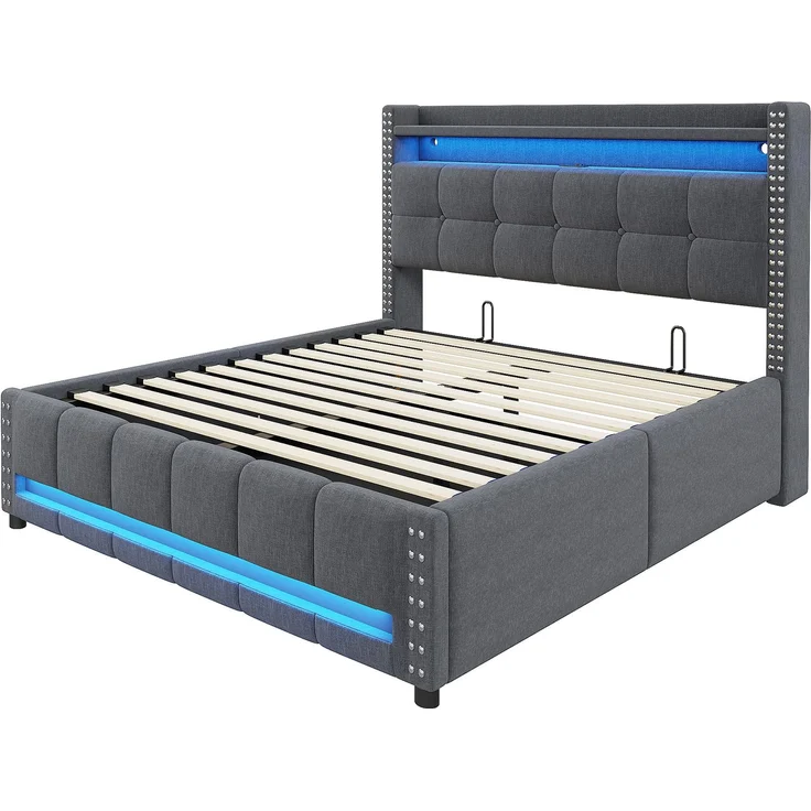Polsterbett 140×200 cm mit Bettkasten, LED-Beleuchtung und USB-Anschluss, Grau – Bild 6