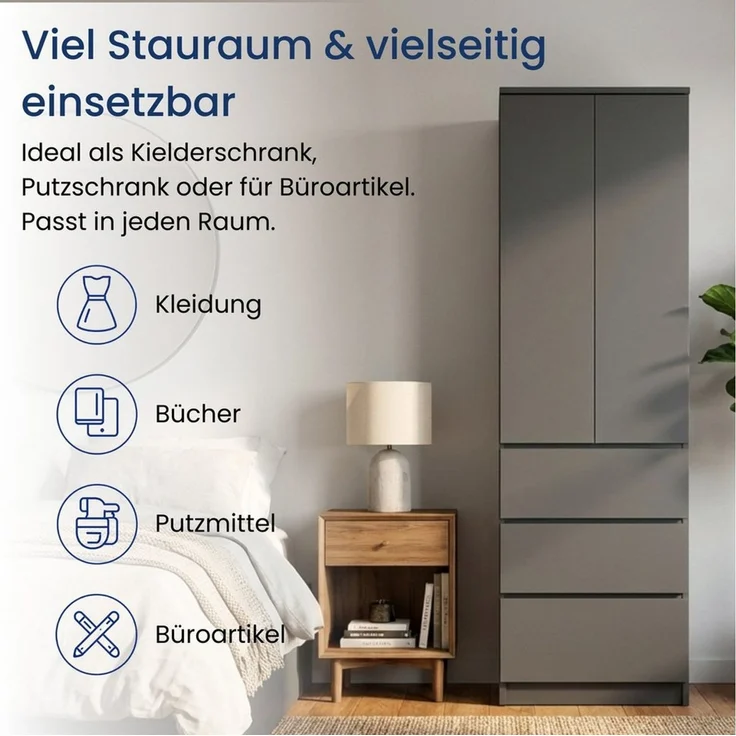 Home Collective Kleiderschrank Garderobenschrank Mehrzweckschrank Schrank platzsparend & vielseitig (50x40x180,5 cm (BxTxH), ideal für Schlafzimmer Flur & Arbeitszimmer) mit 2 Türig 3 Einlegeböden & 3 Schubladen in anthrazit – Bild 2