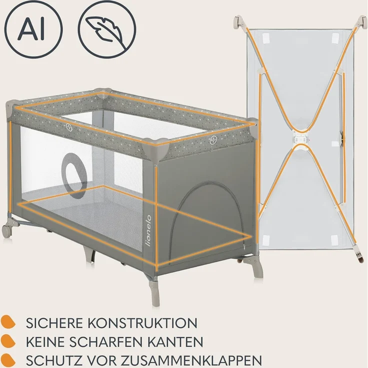 Lionelo Stefi Baby Kinderbett, Reisebett ab Geburt bis 15 kg, Seiteneingang, Sicherungssystem LockGuard, Blockade der Räder, Tragetasche, zusammenklappbar – Bild 7