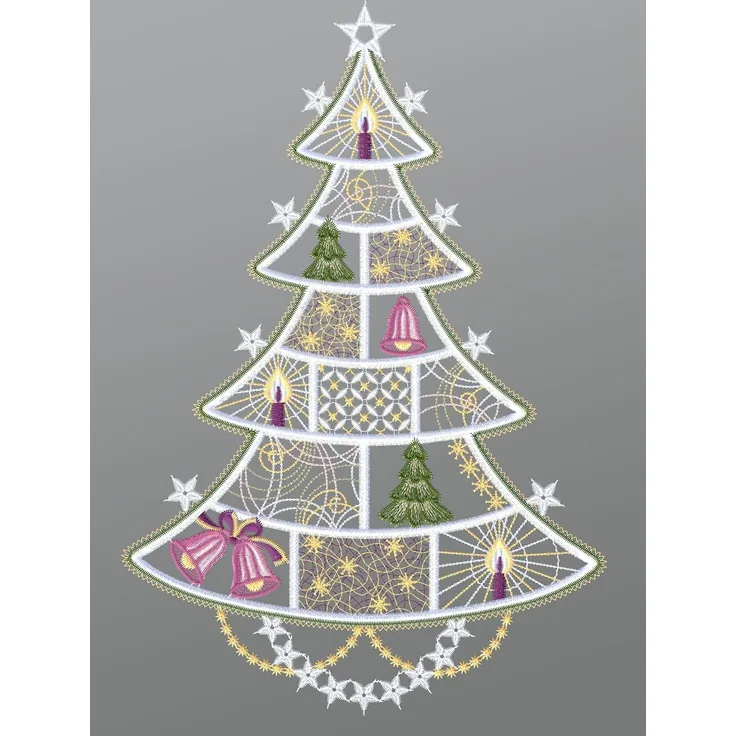 Fensterbild aus Plauener Spitze - Geschmückter Weihnachtsbaum (Bx H) 25cm * 37cm mehrfarbig Fensterdekoration Fensterschmuck