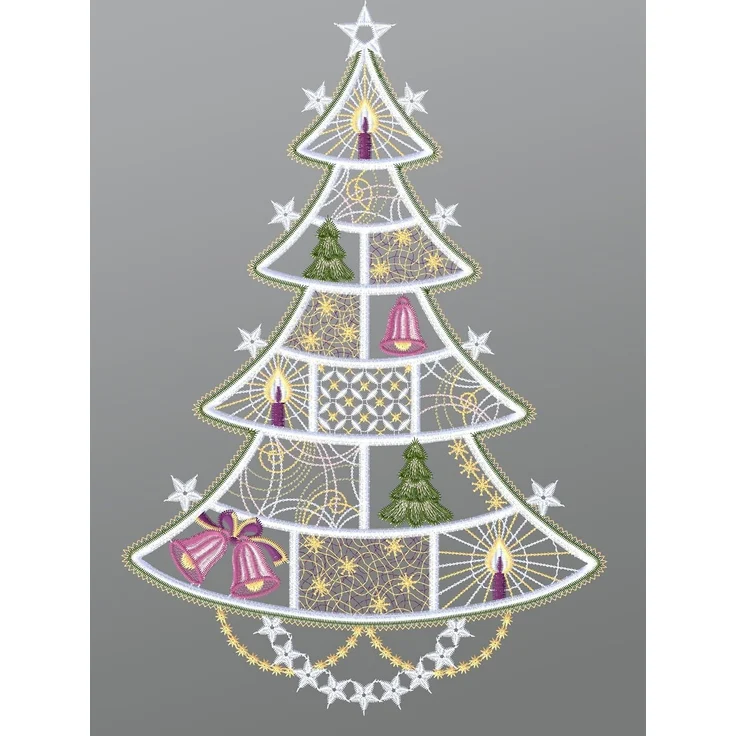 Fensterbild aus Plauener Spitze - Geschmückter Weihnachtsbaum (Bx H) 25cm * 37cm mehrfarbig Fensterdekoration Fensterschmuck – Bild 1