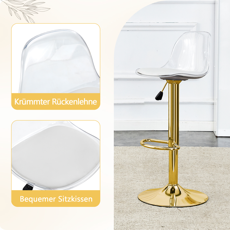 Flexibles Bar-Set: 89 cm Glastisch + 2 Hocker mit goldfarbenen Beinen, höhenverstellbar & drehbar, • Transparente Optik • 360°-Drehung • Vielseitig nutzbar, Schafft visuelle Weite und spart Platz.--Gold, Transparent--93x93x6cm--YOUDENOVA – Bild 5