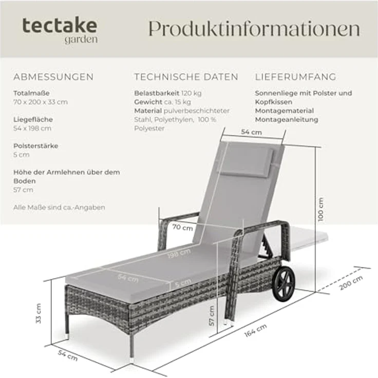 tectake Gartenliege Rattan Sonnenliege, 1, 1 St, 1tlg, widerstandsfähig – Bild 4