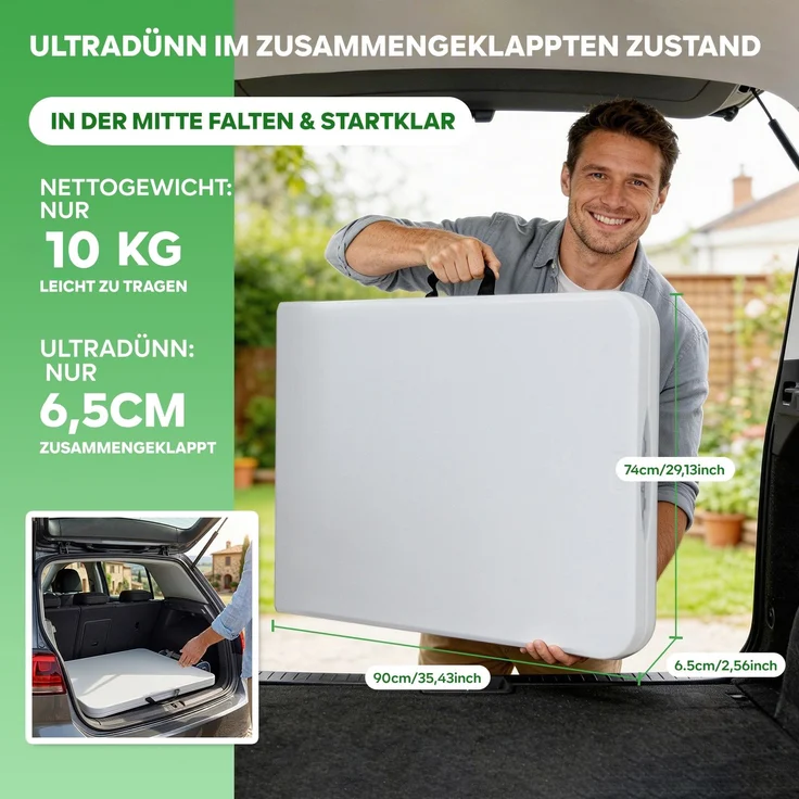Eiryss Klappbarer Gartentisch 180x74cm, Outdoor Campingtisch für 8 Personen, weiß mit Kunststoffplatte & Metallrahmen, belastbar 150kg, 3 Sicherheitsverschlüsse, Buffetstisch für Garten, Balkon – Bild 7