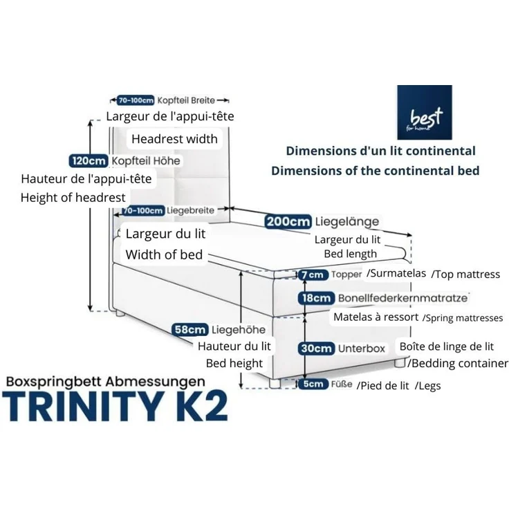 Best for Home Boxspringbett mit Bettkasten Trinity K2 Single Bonell-Matratze inkl. 7 cm Topper (Einzelbett, Hotelbett, Polsterbett gepolstertes Kopfteil, Jugendbett, Kinderbett versch. Größen, 70x200 80x200 90x200 100x200 cm), verschiedene Liefermöglic... – Bild 3
