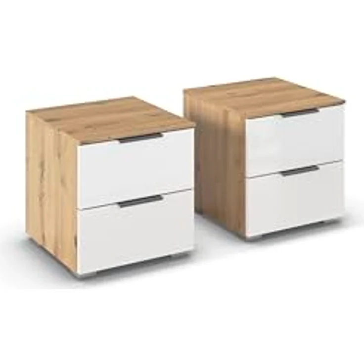 Rauch Möbel Alabama, Nachttisch-Paar für Schlafzimmer, Kinderzimmer, mit je 2 Schubladen, Soft-Close-Funktion, Farbe Hochglanz Weiß/Eiche Artisan, Holz, Griff Grau metallic, Maße 40 x 42 x 42 cm – Bild 2