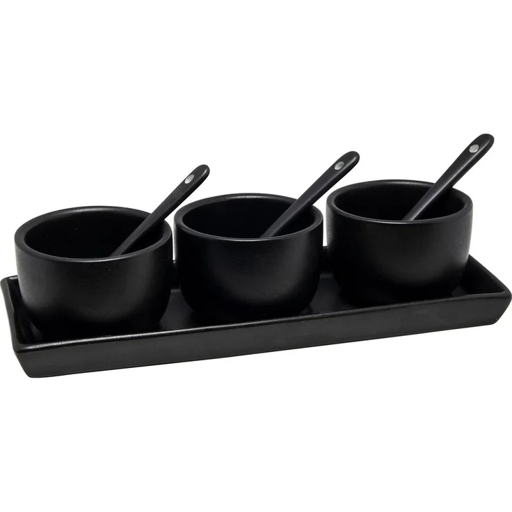 HIT Trading Dipschale Dip-Set mit Tablett, 3 Schalen und 3 Löffel, Porzellan, (7-tlg), Schwarz, Spülmaschinengeeignet – Bild 1
