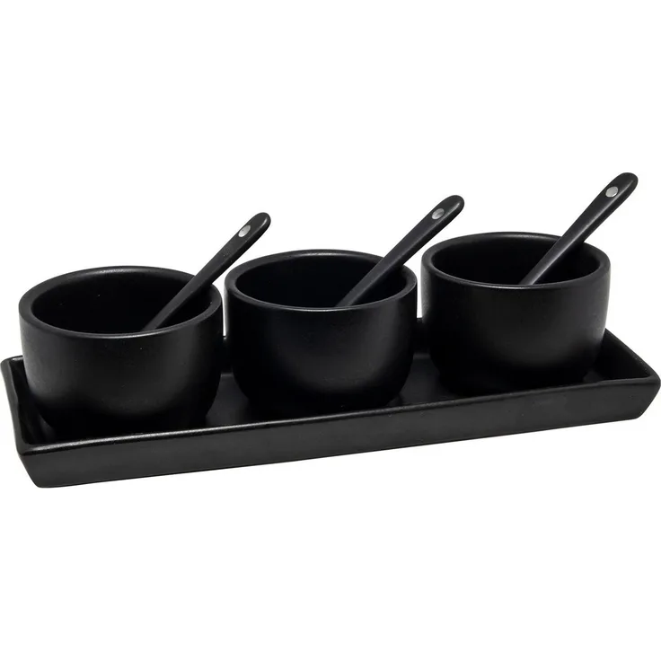 HIT Trading Dipschale Dip-Set mit Tablett, 3 Schalen und 3 Löffel, Porzellan, (7-tlg), Schwarz, Spülmaschinengeeignet