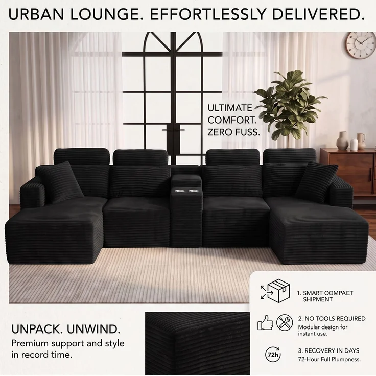 ZUBALIYA Boneless Compression Sofa, U-förmiges modulares Sofa mit integrierten Becherhaltern, Schwarz, 372 x 151 x 80 cm – Bild 17