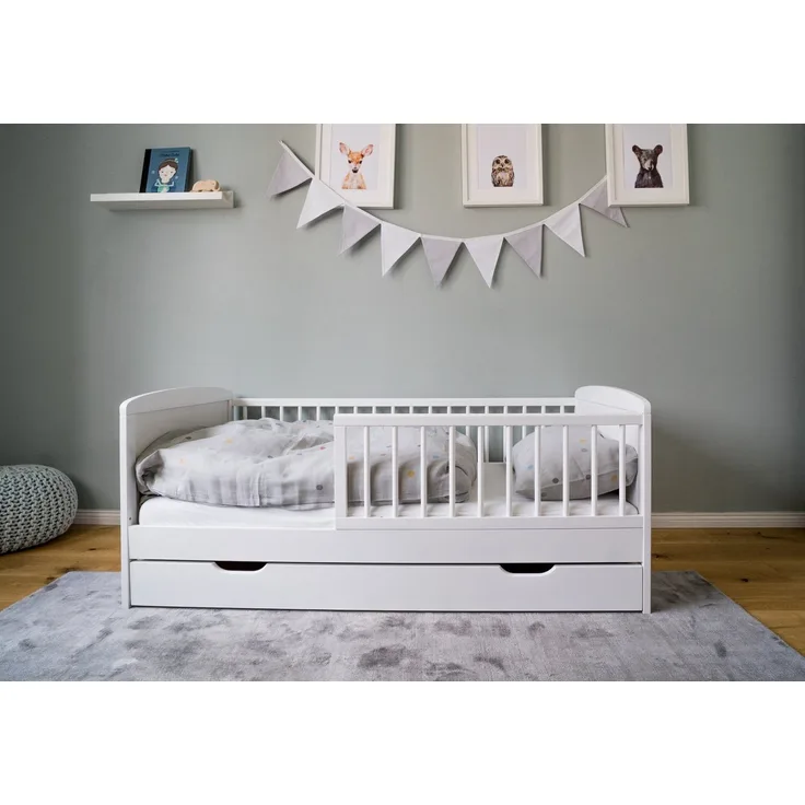 Kids Collective Kinderbett 70x140 cm mit Schublade, Lattenrost und Rausfallschutz in weiß, mit Bettkasten, Made in Europe, Junior-Bett bis zum 6. Lebensjahr