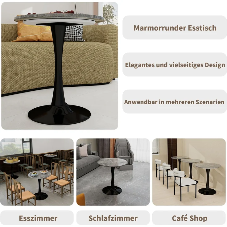 Novelux Runder Esstisch 70 cm – Couchtisch Schwarz Marmoroptik, Mid-Century Modern Tisch für 2-4 Personen, Dunkelgraue Maserung – Bild 4