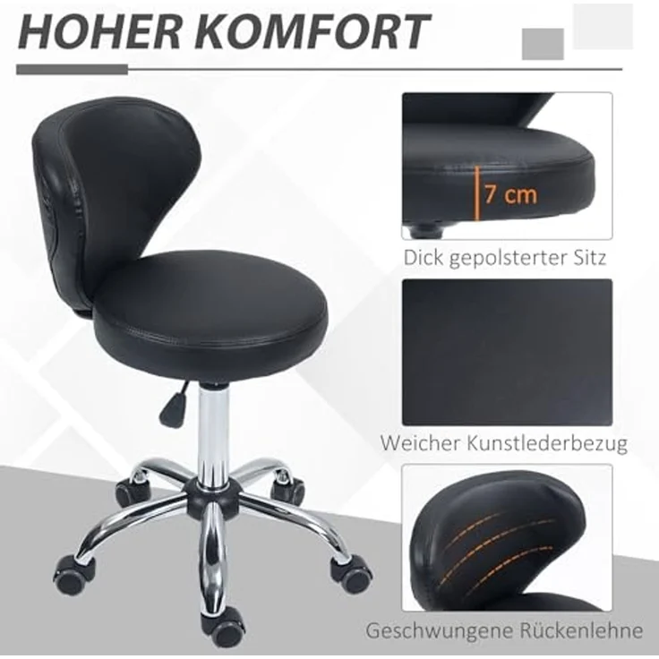 HOMCOM Rollsitz Rollhocker höhenverstellbar Salon Hocker mit Lehne (Arbeitshocker, 1 St, Drehhocker), für Büro, Wohnzimmer, Kunstleder, 45 x 54 x 73-88 cm, Schwarz – Bild 5