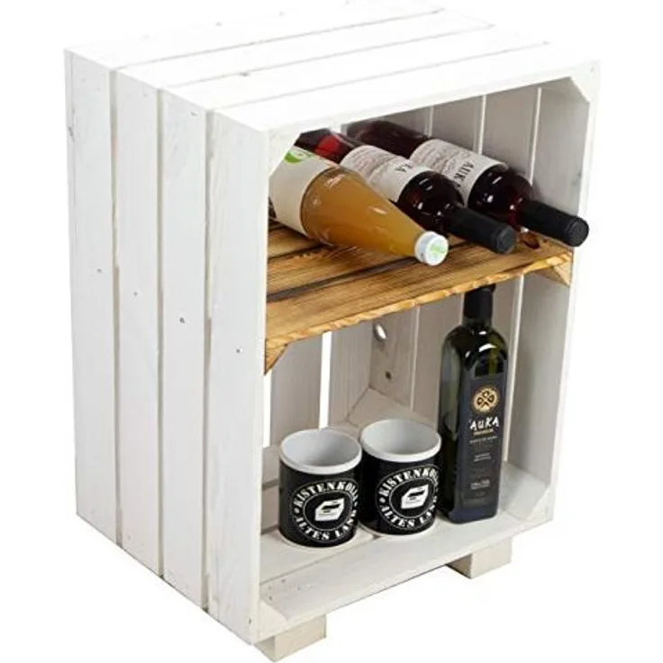 Kistenkolli Altes Land Nachttisch Abstelltisch weiß/Natur/geflammt Maße ca 30 x 40 x 55 cm Regalkiste Flaschenablage Weinregal Apfelkiste/Weinkiste (Weiss mit geflammtem Mittelbrett)