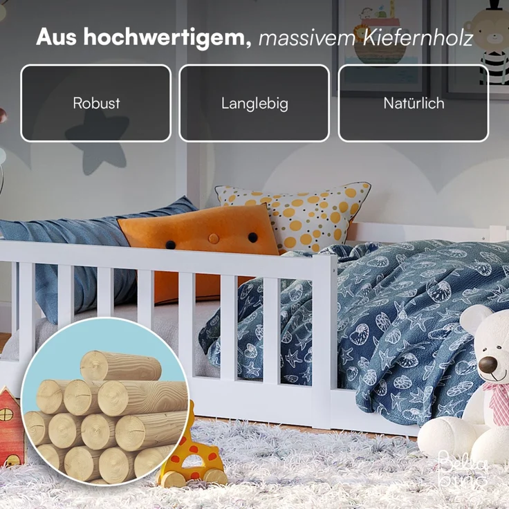 Bellabino 'Bia' Hausbett 80x160 cm, weiß, Kiefer Massivholz, Bodenbett in Hausoptik, Montessori Kinderbett mit Rausfallschutz und Lattenrost – Bild 5