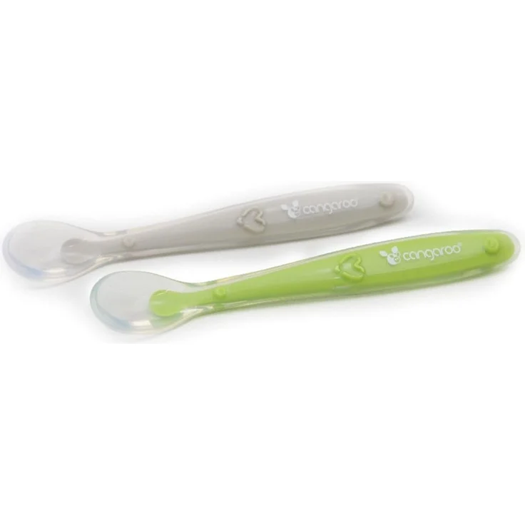 Cangaroo Babylöffel 2er Set TC5010 Silikon, langer Griff, flache Löffelschale grün – Bild 1