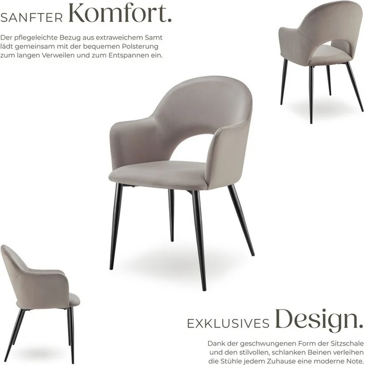 tectake Esszimmerstuhl Armlehnstuhl (2er Set, 2 St), in Samtoptik & gepolstert – Bild 2
