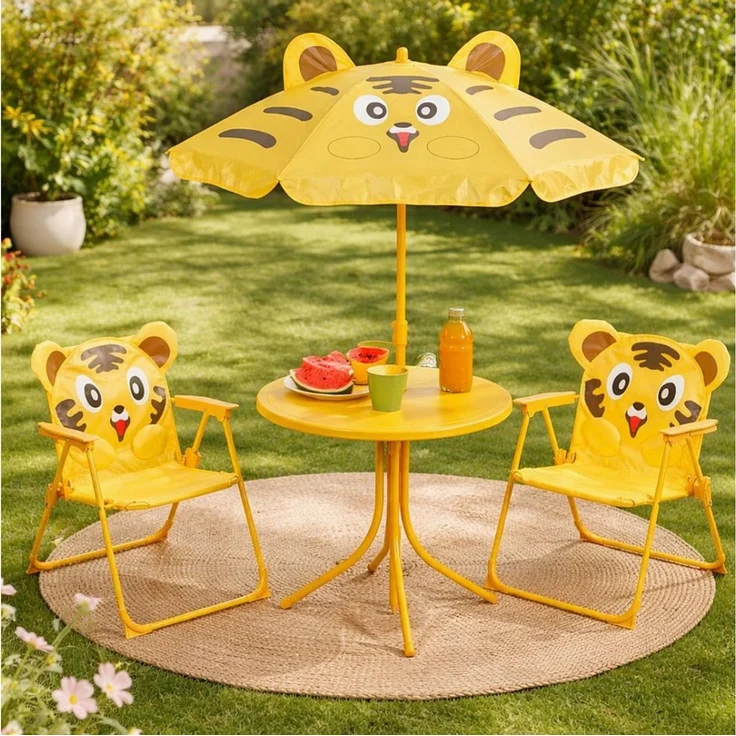 Koopman Garten-Kindersitzgruppe Sitzgruppe Strandstuhl Strandschirm Tisch Kindermöbel 4tlg, (1-tlg), Tiger-Design, Faltstuhl, Orange / Gelb, Schattenspender, Outdoor – Bild 5