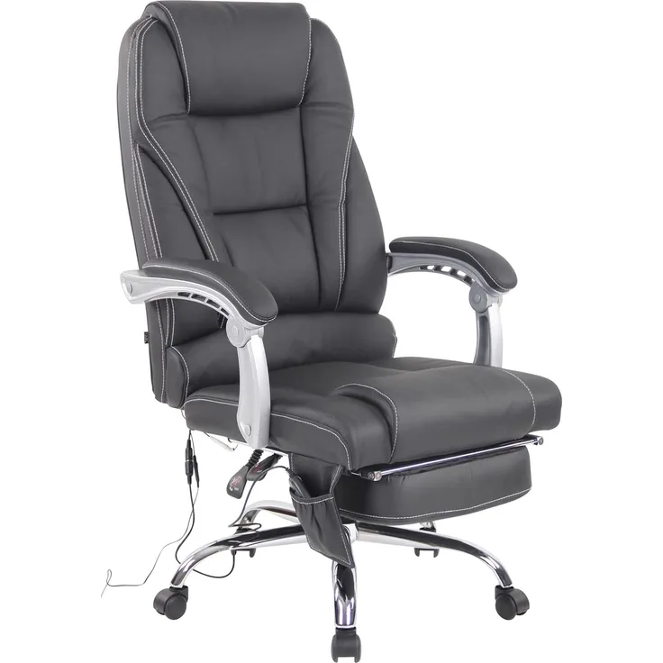 TPFLiving Bürostuhl Pacira mit Massagefunktion - höhenverstellbar und 360° drehbar (Schreibtischstuhl, Drehstuhl, Chefsessel, Bürostuhl XXL), Gestell: Metall chrom - Sitzfläche: Echtleder schwarz