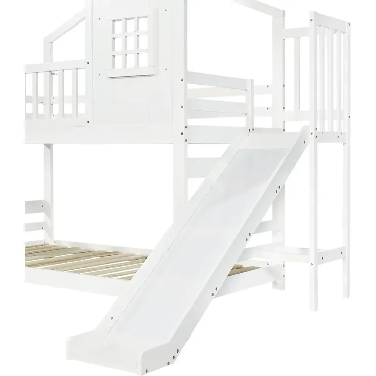 Etagenbett mit 2 Liegeflächen, Lattenrost, Rausfallschutz und Rutsche, 90x200cm, Hausbett, Spielbett, Kinderbett, Kiefer – Bild 9