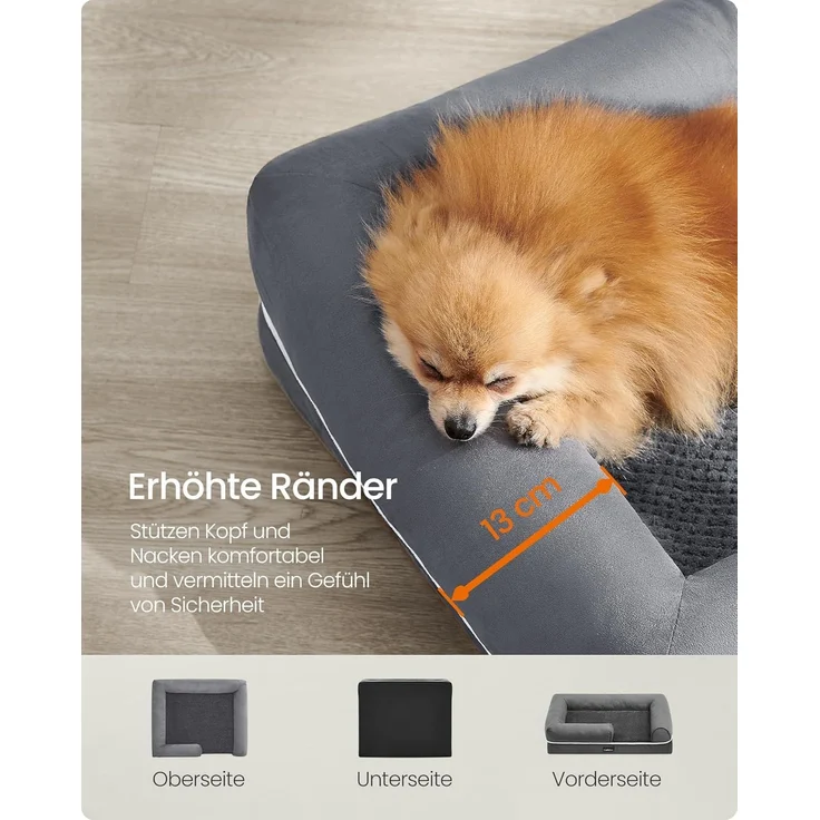 Feandrea Orthopädisches Hundebett, Hundekissen, Hundekorb, weiche Polsterung, Hundesofa, erhöhte Ränder, Bezug abnehmbar und waschbar, 76 x 51 x 18 cm, rutschfeste Unterseite, hellgrau PGW074G02 – Bild 4