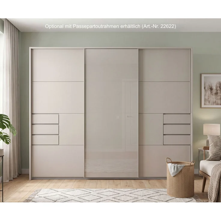 Schwebetürenschrank Kleiderschrank 3-trg 270 cm Beige Grau Glasfront Schubkästen – Bild 8