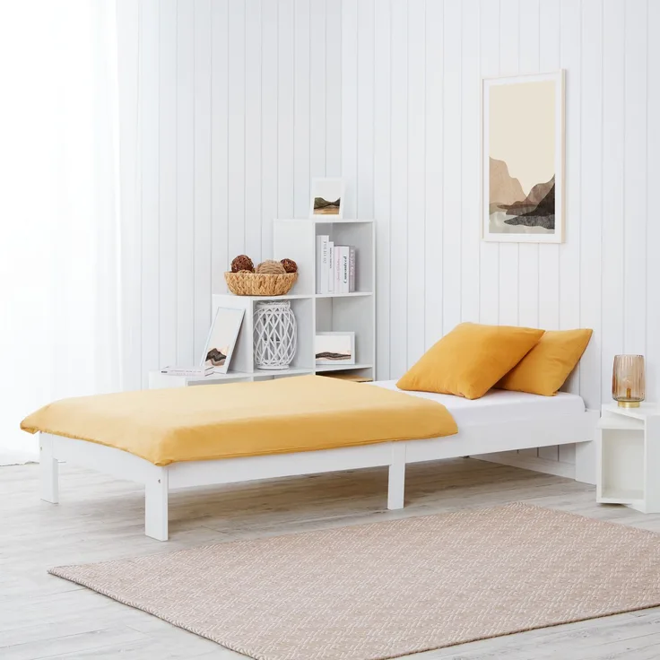 Einzelbett 90x200 cm mit Lattenrost Holzbett Weiß Futonbett Kiefer Bett Bettgestell Holz Massiv