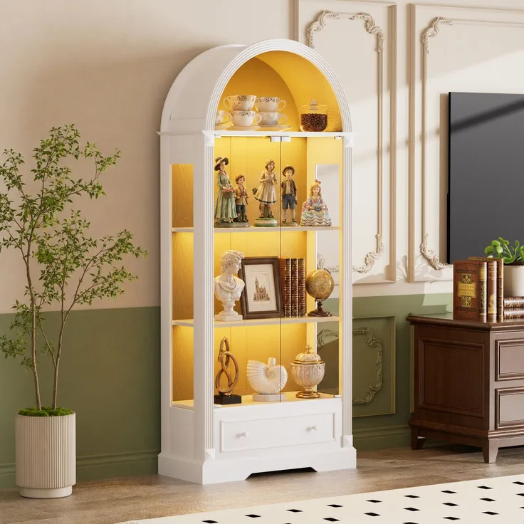 180 cm hohe Vitrine in Bogenform, Küchenschrank mit Glastüren, ausgestattet mit LED-Lichtleisten und Schubladen; Vitrine im modernen Landhausstil, geeignet für Wohnzimmer, Küche und Esszimmer, weiß--Weiß--80x35x180cm--YOUDENOVA