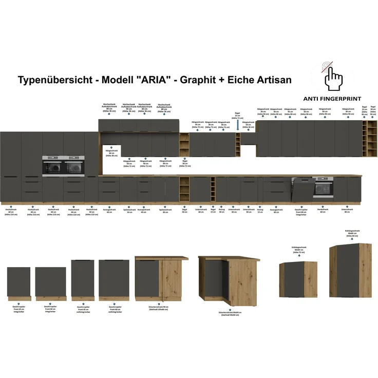 Frontblende für vollintegrierten Geschirrspüler 60 cm ARIA Graphite ultra matt + Eiche Artisan matt, hochwertige Fronten mit Anti Fingerprint Beschichtung Küchenzeile Küchenblock – Bild 3
